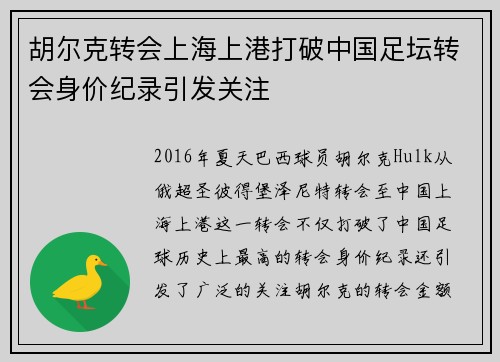胡尔克转会上海上港打破中国足坛转会身价纪录引发关注 胡尔克转会上海上港打破中国足坛转会身价纪录引发关注